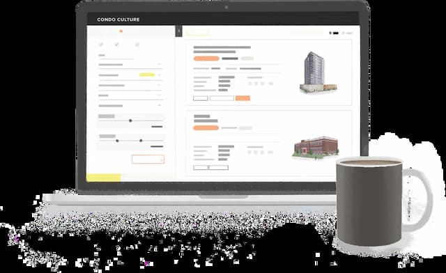 An illustration of the Condo Culture Web App on a laptop with a cup of coffee.